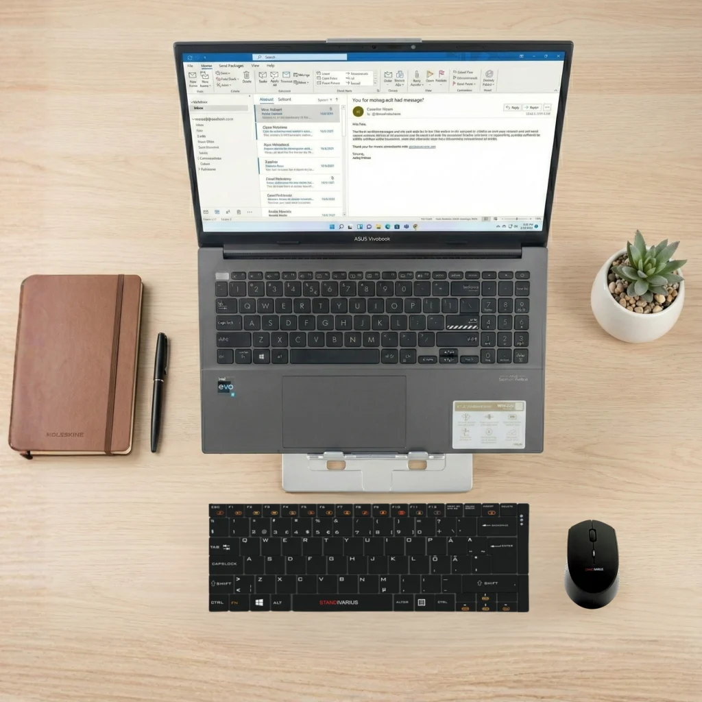 Standivarius Standart affordable laptop stand supporting a laptop on a desk.