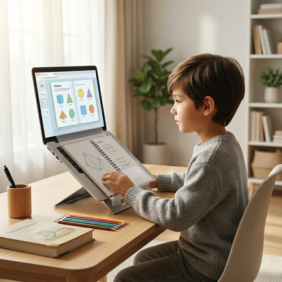 Child comfortably studying with the Oryx JR laptop and tablet stand for children in a focused learning environment.