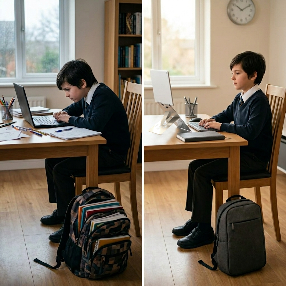 Child using the Oryx JR laptop and tablet stand for children at a desk, reducing the need to carry heavy school bags and supporting better back posture.