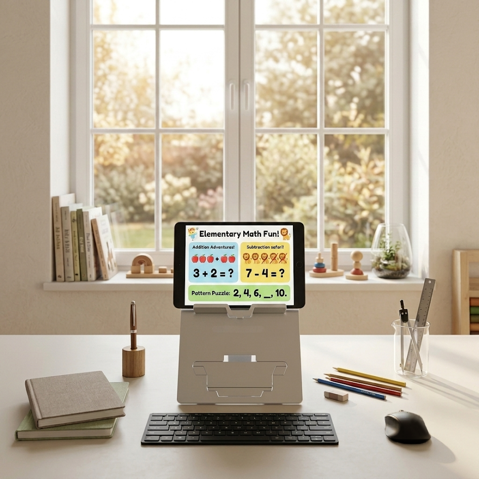 Organised study desk featuring the Oryx JR laptop and tablet stand for children with learning materials neatly arranged.