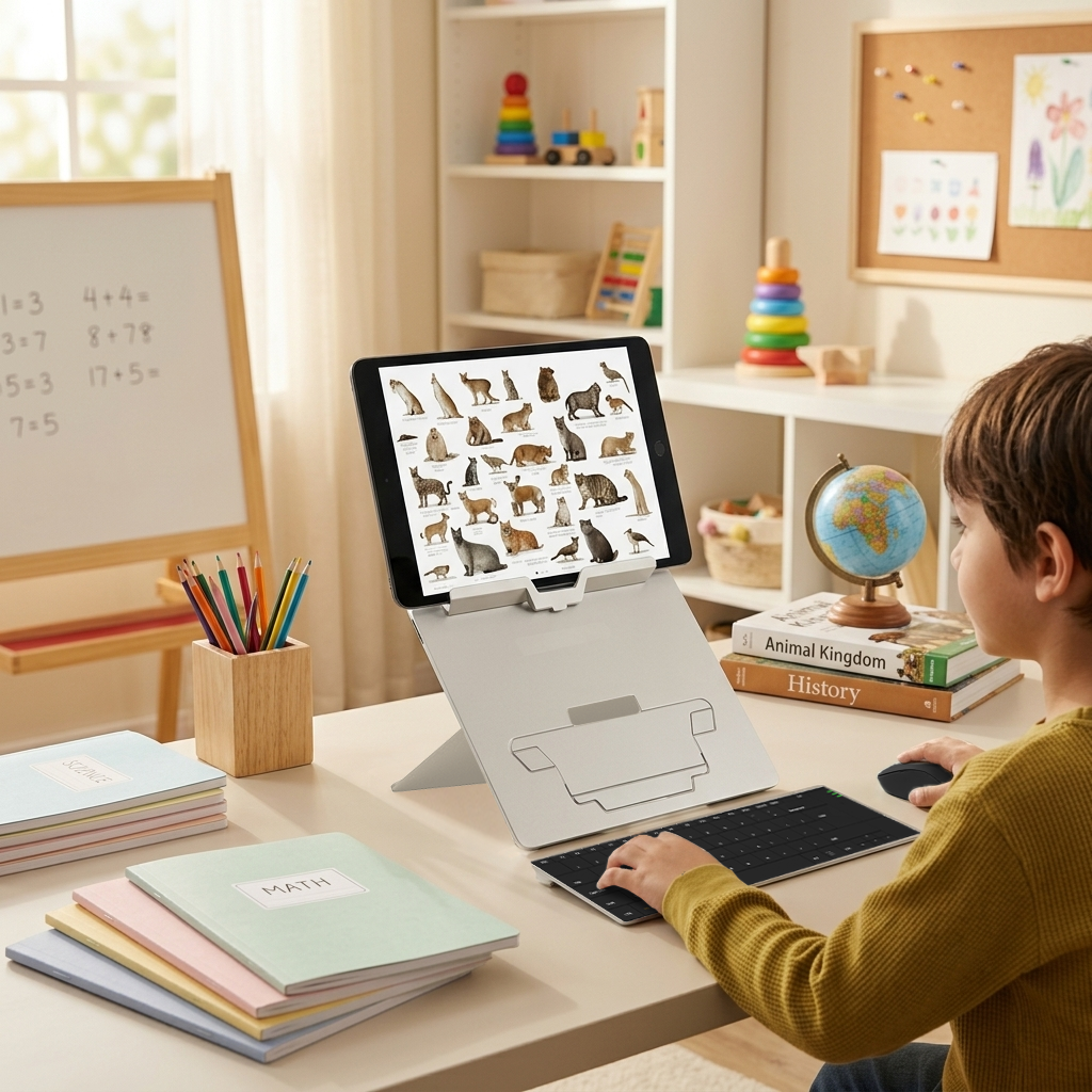 Child using the Oryx JR laptop and tablet stand for children in an ergonomic learning environment that supports growth and development.
