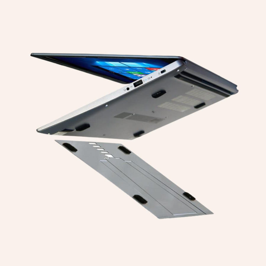 Standivarius UNO thinnest attachable laptop stand remaining attached underneath a laptop for instant use
