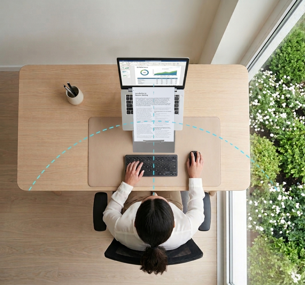 Oryx evo H laptop stand for tall users and smaller laptops helps reduce back and neck strain