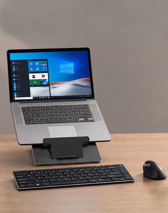 Oryx evo D Black limited-edition laptop stand featured in a minimalist home office