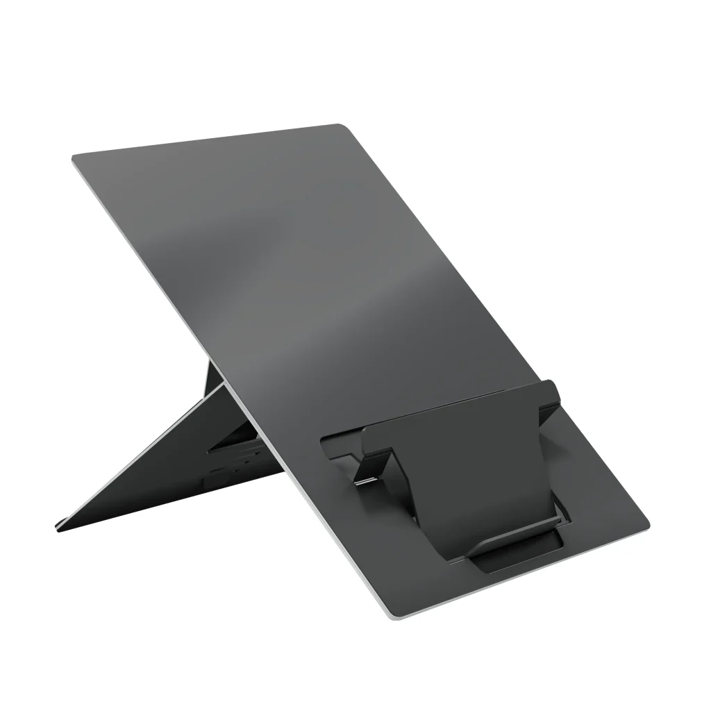 Oryx evo D Black limited-edition laptop stand opened in its working position