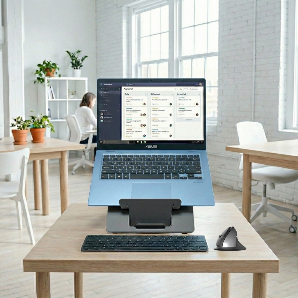 Oryx evo D Black limited-edition laptop stand with document holder on a compact workspace